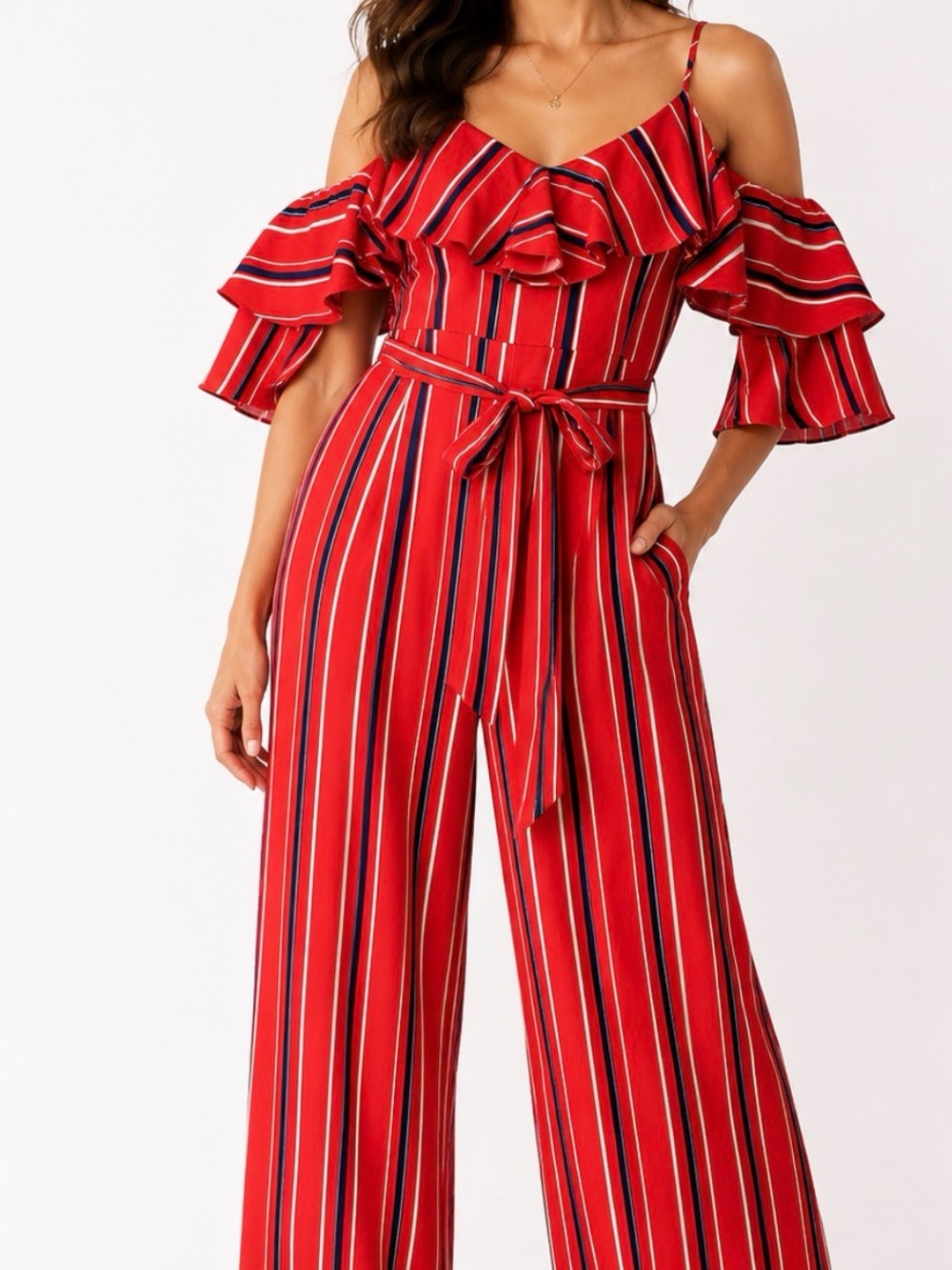 Flying Tomato Cold-Shoulder Red White & Blue Striped Jumpsuit with Waist Tie